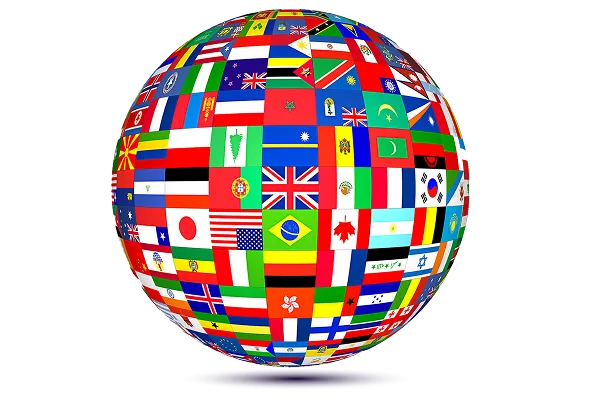 A globe formed by international flags representing the delivery of ForenScope forensic technologies to more than 100 countries worldwide.