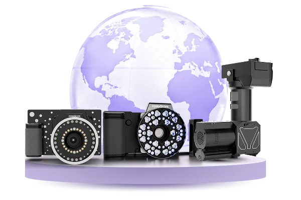 ForenScope forensic examination systems displayed in front of a globe, representing more than 2,500 active devices used worldwide.