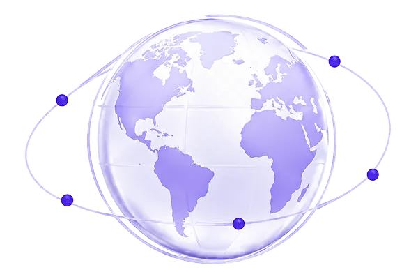 A globe surrounded by connected orbital points representing ForenScope’s international distributor and collaboration network across six continents.