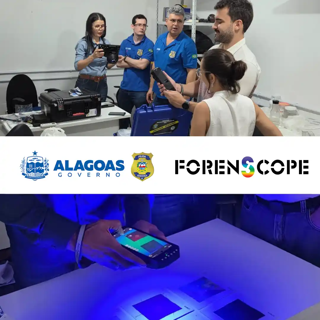 Forensic experts attending a training session in Alagoas, Brazil, featuring ForenScope technology and forensic imaging demonstrations.